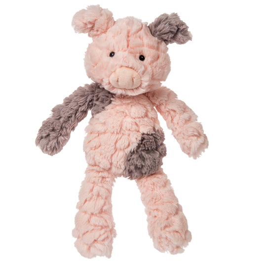 The Mary Meyer Putty Nursery Piglet is a soft, plush pig toy with a pink body and gray accents on an ear, arm, and tummy. Its floppy ears and long limbs make it perfect for cuddles or as a special baby gift.