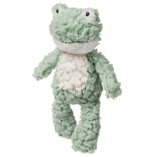 The Mary Meyer Nursery Mint Frog is a plush, light green toy with a white belly and mouth, big round eyes, and floppy limbs. Part of the Putty Nursery collection, it features classic designs and luxurious textured fabric.