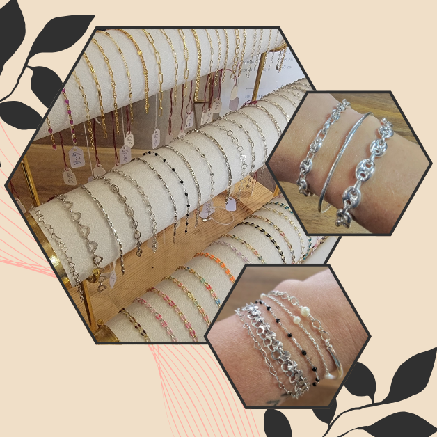 A hexagonal collage featuring rows of delicate chain bracelets on display and close-up shots of silver and beaded bracelets worn on a wrist, set against a beige background with black leaf accents.