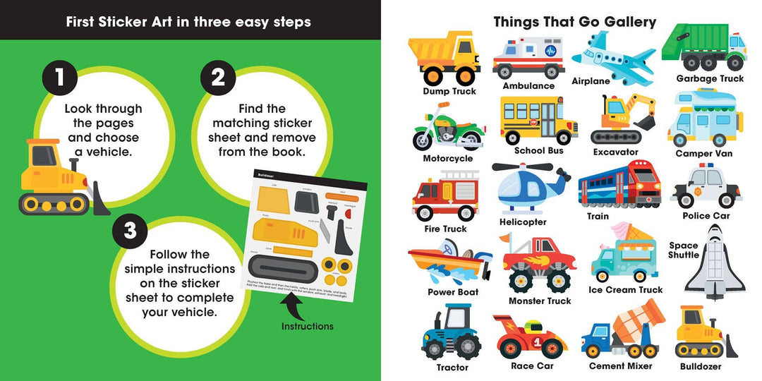 Introduce children to fun vehicle sticker art with First Sticker Art: Things That Go from Sourcebooks! This engaging guide features three simple steps on the left and vibrant illustrations of vehicles like trucks and airplanes on the right. Perfect for a sticker book for kids, it makes sticker art easy and enjoyable through simple paint-by-sticker activities.
