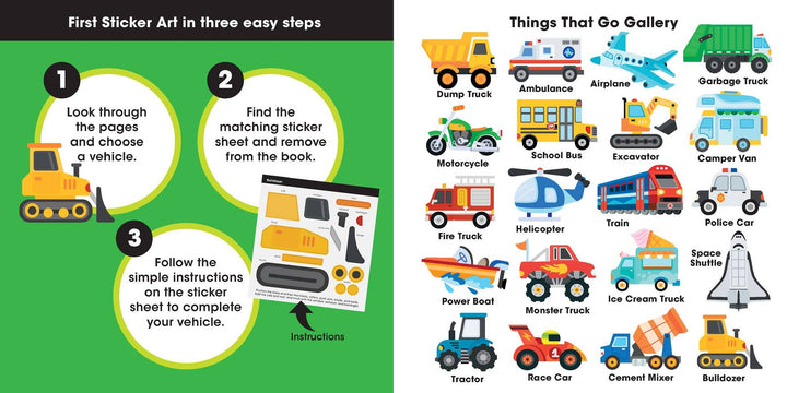 Introduce children to fun vehicle sticker art with First Sticker Art: Things That Go from Sourcebooks! This engaging guide features three simple steps on the left and vibrant illustrations of vehicles like trucks and airplanes on the right. Perfect for a sticker book for kids, it makes sticker art easy and enjoyable through simple paint-by-sticker activities.