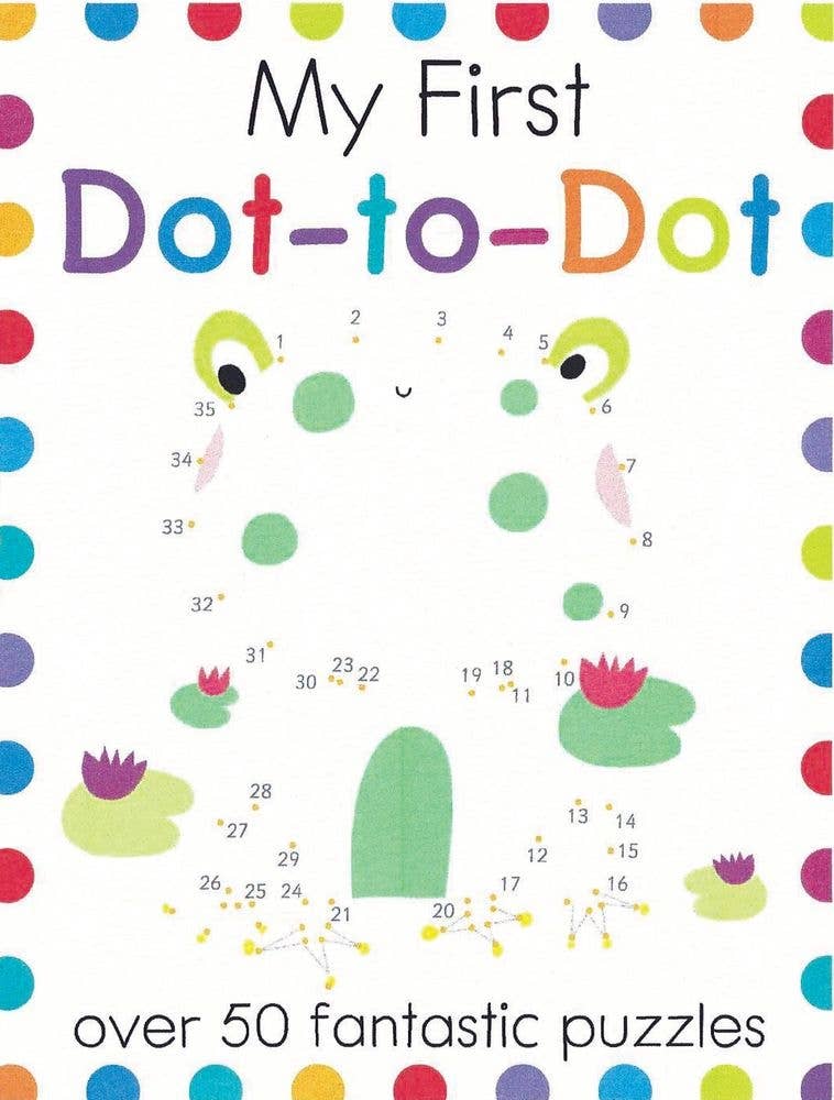 Bright and engaging, the My First Dot-to-Dot children’s book from Sourcebooks features a lively cover centered on a delightful frog dot-to-dot puzzle, surrounded by vibrant dots. The bottom of the cover highlights that there are over 50 fantastic puzzles inside, making this activity book the perfect choice for kids seeking fun and educational dot-to-dot challenges.