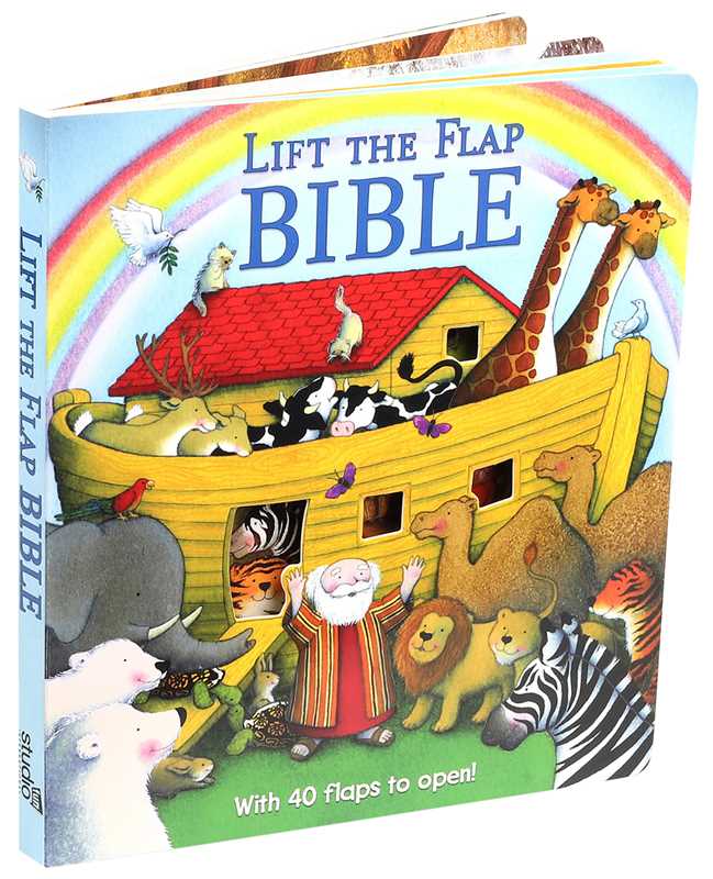 The Lift the Flap Bible by Simon & Schuster features a colorful cover with Noah, animals, and an ark under a rainbow. This illustrated children's Bible storybook includes 40 fun flaps to open!.