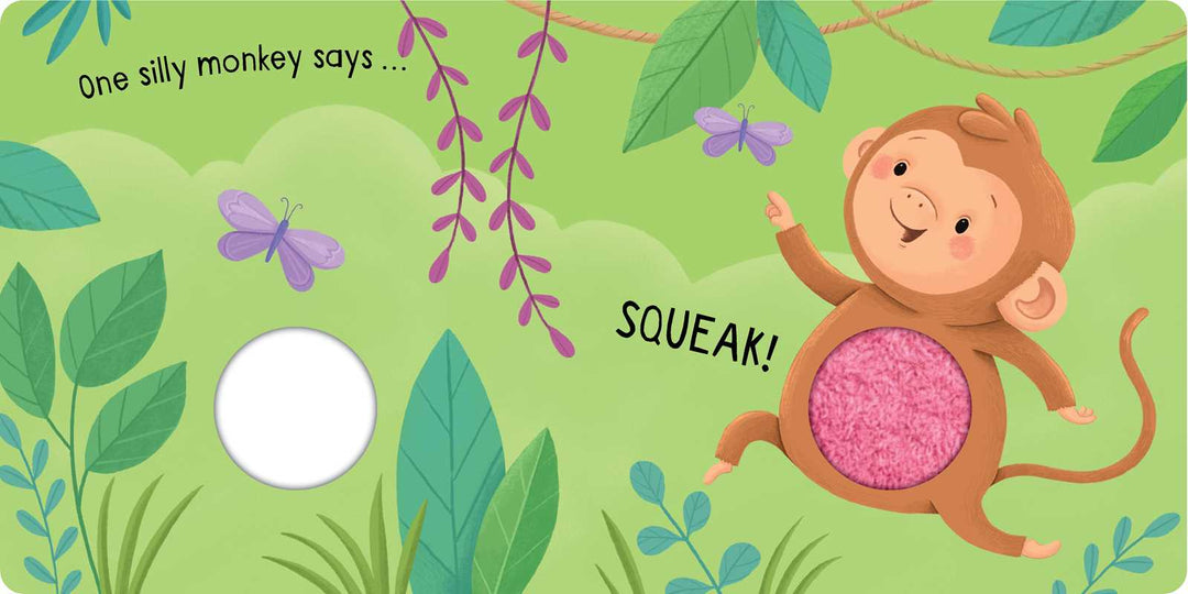 On a green background, a smiling monkey points up amid leaves, vines, and two purple butterflies. Squeak Me!: Five Silly Monkeys by Simon & Schuster features a pink textured belly and squeaky board book fun—one silly monkey says... SQUEAK!.