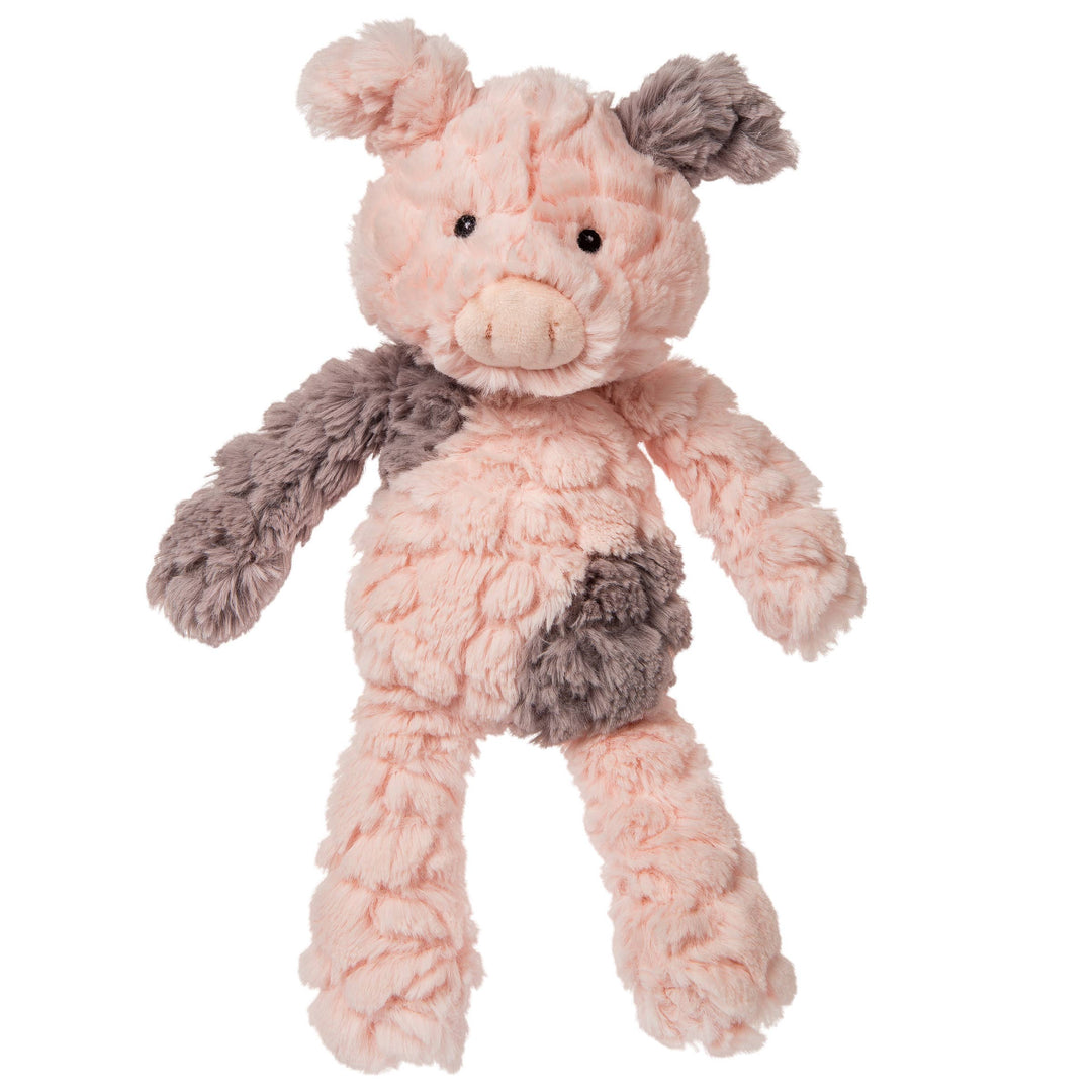 The Mary Meyer Putty Nursery Piglet is a soft, plush pig toy with a pink body and gray accents on an ear, arm, and tummy. Its floppy ears and long limbs make it perfect for cuddles or as a special baby gift.