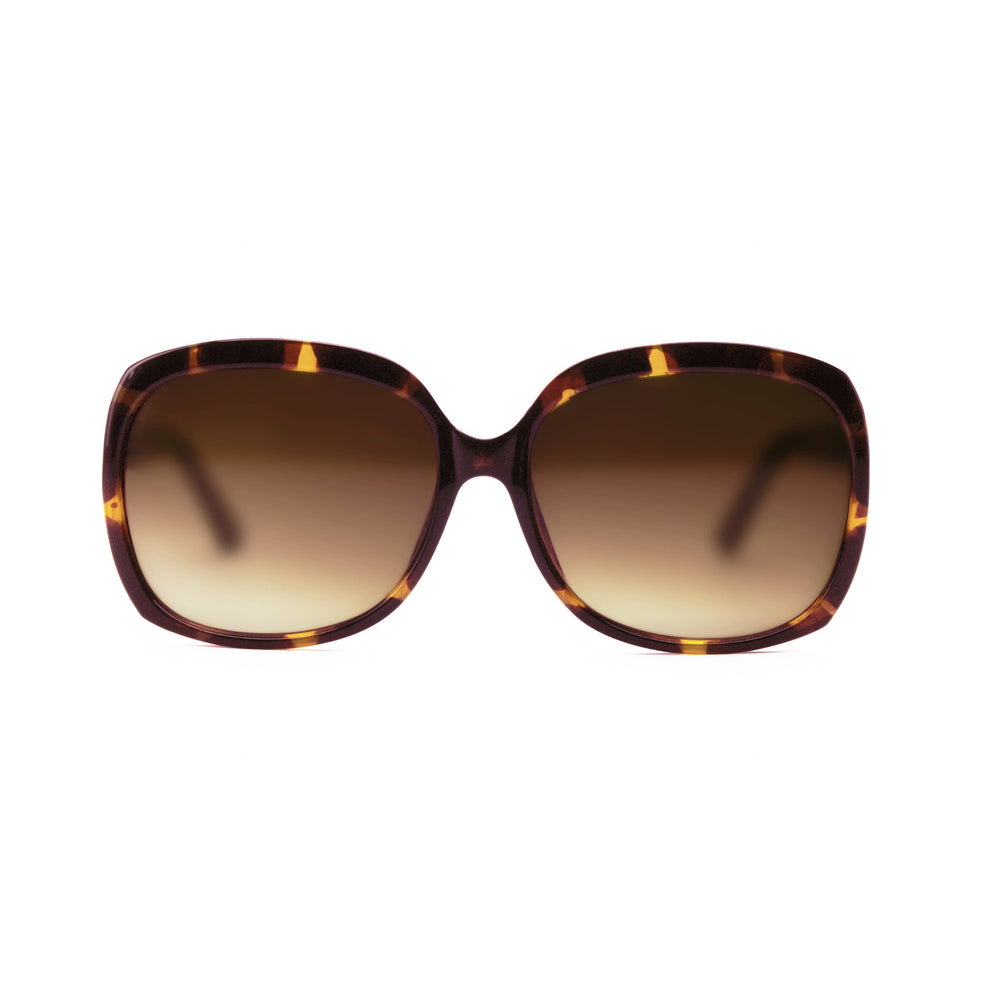 DM Merchandising’s Optimum Optical Sunglasses Open Stock feature oversized tortoiseshell frames with brown gradient, UV-protected, scratch-resistant lenses, shown on a white background.
