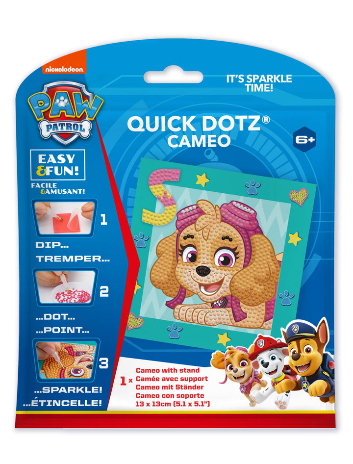 The Toysmith Diamond Dotz PAW Patrol Skye kit features sparkling Skye art on the packaging, includes instructions, images of Chase, Marshall, and Rubble, a built-in fold-out stand, and is suitable for ages 6+.