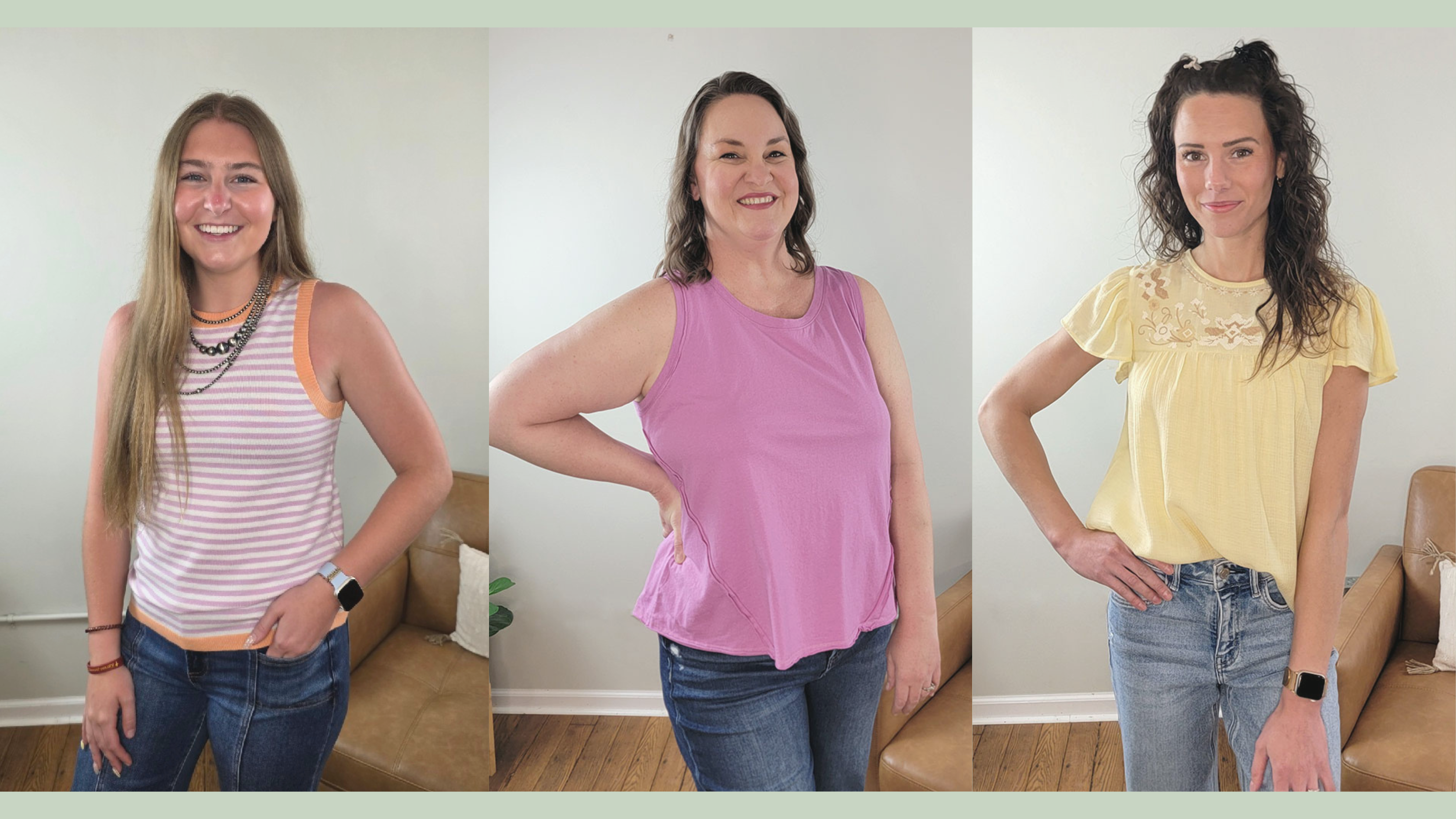 Three ladies wearing tank tops and blouses from Cosmos and Clover Boutique. Two ladies are in size small and one lady in wearing a 2XL.