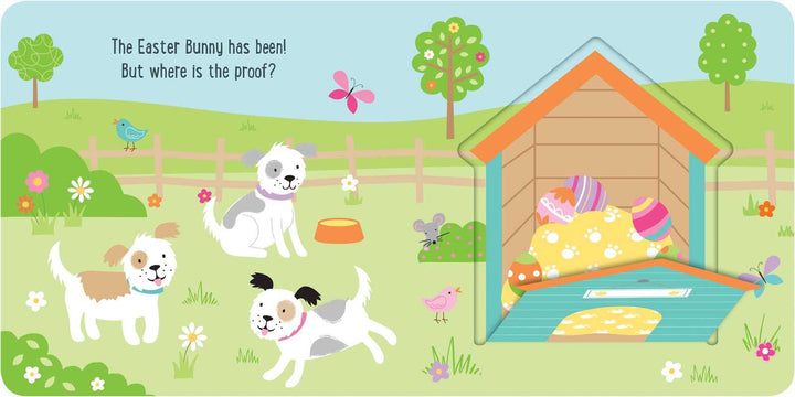 In Simon &amp; Schuster’s “Easter Egg Surprise: Lift-the-Flap Book,” three playful puppies explore a yard filled with flowers, birds, and hidden Easter eggs for kids to find—proof that the Easter Bunny has visited!.