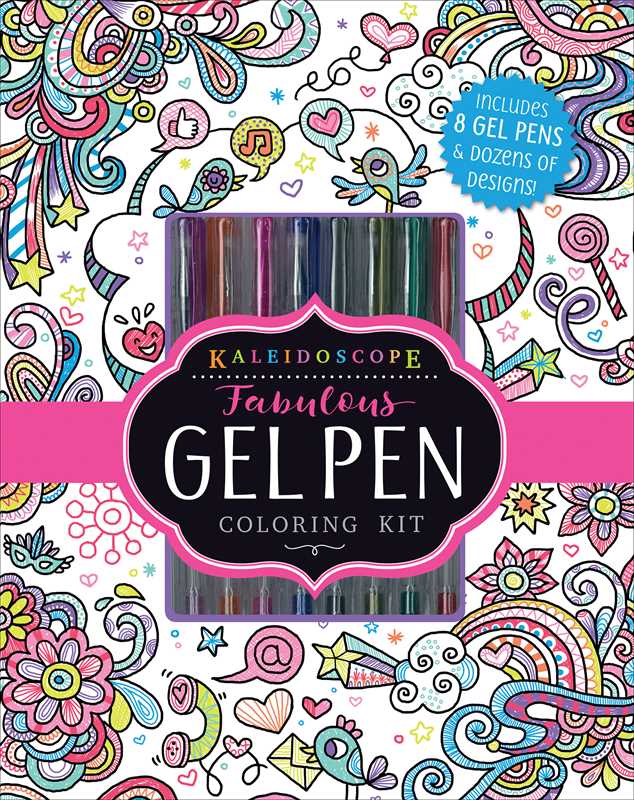 Bright and creative, the Kaleidoscope: Fabulous Gel Pen Coloring Kit by Editors of Silver Dolphin Books (Simon &amp; Schuster) features a colorful box adorned with doodle designs, flowers, birds, and swirling patterns. A window reveals 8 vibrant gel pens inside. The packaging highlights “Kaleidoscope Fabulous Gel Pen Coloring Kit” and notes it includes 8 gel pens plus dozens of designs—everything you need in an art kit for hours of imaginative fun!.