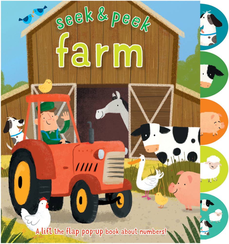 The Seek &amp; Peek Farm book by Sourcebooks features a children’s illustrated cover with a farmer on a red tractor, barn, and animal tabs. Subheading: "A lift-the-flap pop-up numbers book!.
