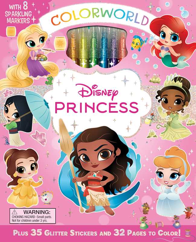 Colorworld: Disney Princess by Editors of Studio Fun International from Simon &amp; Schuster features a vibrant pink cover with stars and bubbles, showcasing Moana, Belle, Cinderella, Ariel, Tiana, and Mulan. This colorful coloring kit includes 8 sparkling metallic markers, glitter stickers, and fun extras for hours of creative princess fun.