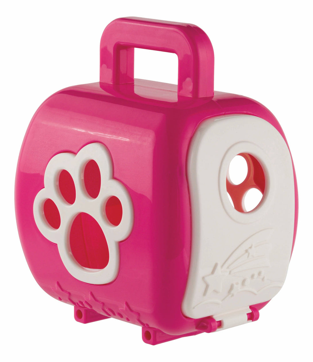 The Toysmith Farm Fresh Carry-Along Critters is a small pink and white pet case with a large paw print, top handle, and round door with window—perfect for taking your animal figurines on adventures.