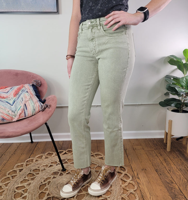 A person stands indoors on a circular rug, wearing the Ariel Olive Straight Jeans from Lovervet with a black top and brown sneakers. Part of a pink chair with a colorful pillow and a potted plant are visible in the background.
