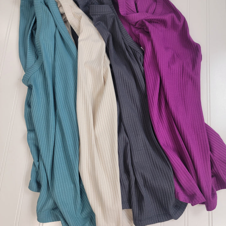 Five Zenana Tessa Ribbed Tank Tops in teal, cream, dark gray, and bright purple are displayed side by side—ideal for summer layering or as slim fit tops under your favorite outfits.