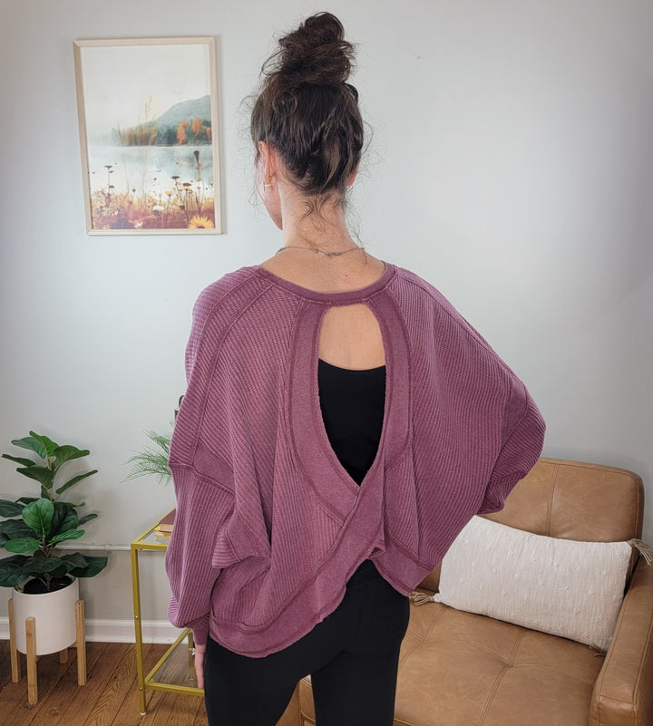 A woman with her hair in a bun stands indoors, wearing the HYFVE, Inc Alma Knit Long Sleeve Top in purple over a black top. The room includes a tan chair, potted plants, a gold table, and a framed nature photo on the wall.