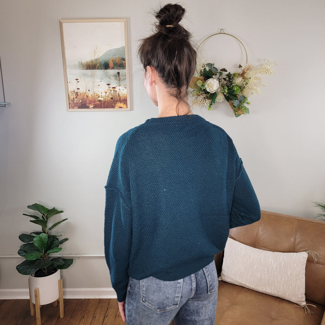 A woman with dark hair in a bun, wearing the Staccato Taelor Knit Sweater with Chest Pocket and jeans, stands with her back to the camera in a cozy living room featuring plants, a tan couch, and wall art.