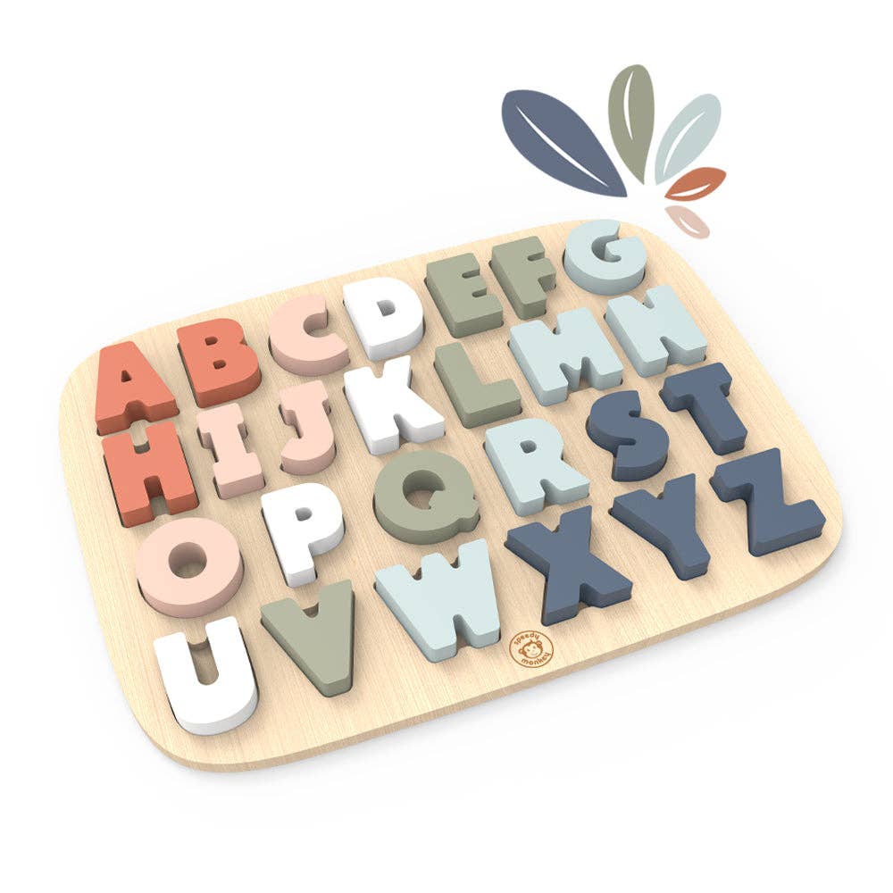 The Speedy Monkey Alphabet Puzzle features pastel-colored 3D uppercase letters arranged in sequence on a wooden board. Made from FSC certified wood and coated with child-safe paint, this educational toy also showcases four vibrant paint splashes in the top right corner.