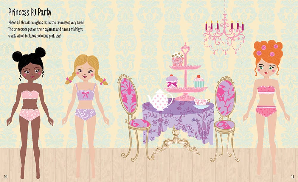 Three girls in decorative pajamas enjoy a fancy room with purple and gold chairs, pink treats, tea, and a pink chandelier—just like the scenes in My Big Sticker Dress-Up: Sparkle Sweeties by Sourcebooks, perfect for screen-free fun.