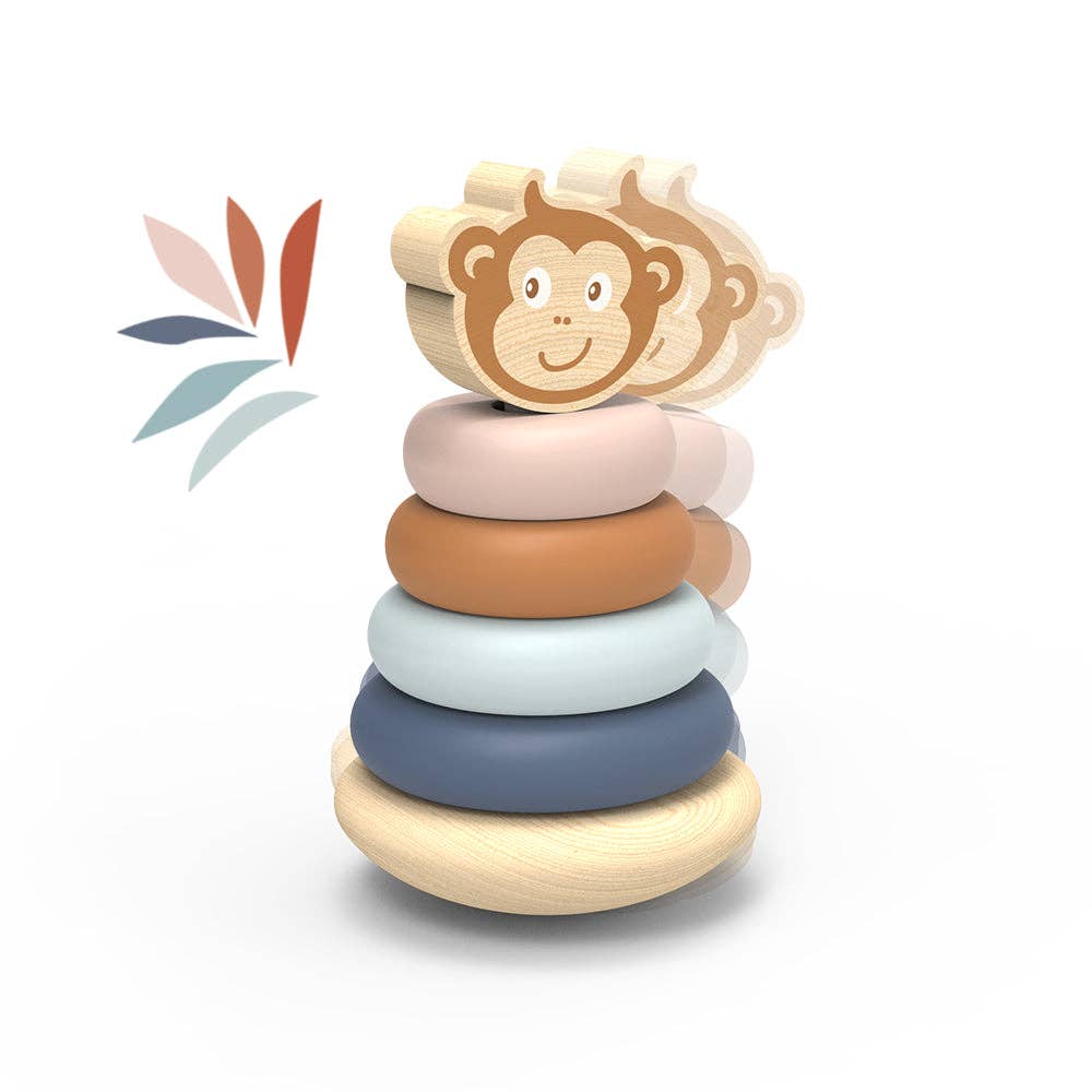 Introducing the Speedy Monkey Roly Poly Stacker, a charming wooden stacking toy featuring four vibrant rings and a cheerful monkey face topper, expertly crafted from FSC Certified wood. Muted decorative leaf shapes adorn the left side, set against a crisp white background.