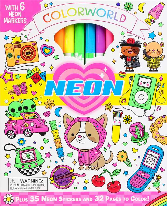 Bright and playful, the ColorWorld: Neon marker set by Editors of Silver Dolphin Books from Simon &amp; Schuster features 6 vibrant markers showcased in a heart-shaped window. Fun cartoon designs—like animals, music players, cameras, stars, and stickers—surround the markers, making this set perfect for pairing with a neon coloring book or adding to a coloring kit for kids ages 3 and up.