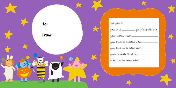 Celebrate baby’s first Halloween with the "Happy Halloween Little One" card from Sourcebooks! This delightful purple, Halloween-themed card features adorable cartoon animals dressed in costumes and holding lollipops, standing on green grass. On the left side, there’s a to/from circle for gifting, and on the right you’ll find a fill-in-the-blank section to record special Halloween memories. Perfect as a keepsake or gift for little ones!.