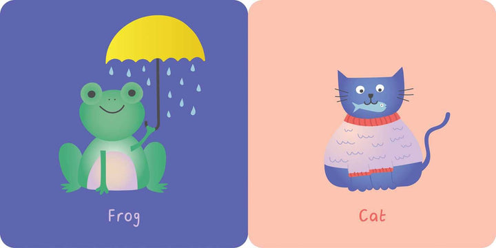 Featuring a green frog holding a yellow umbrella with raindrops, labeled "Frog," and a blue cat in a pink sweater holding a fish in its mouth, labeled "Cat," Animals: My First Rattle Book by Simon &amp; Schuster is perfectly designed for sensory play in an engaging animal-themed board book for babies.