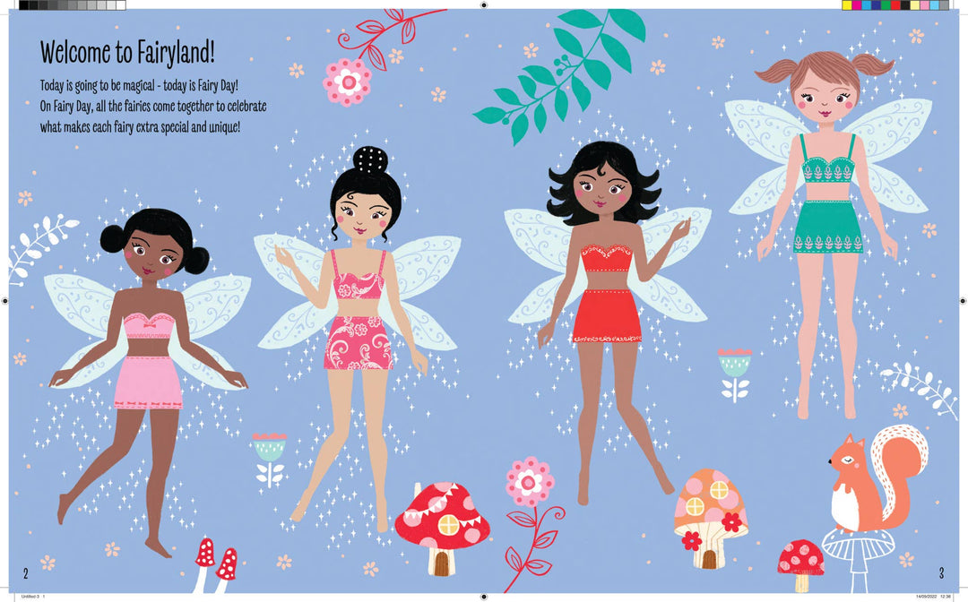 Four fairies with diverse skin tones and hair colors stand on a grassy field adorned with flowers, mushrooms, and a friendly squirrel. Above them, the words "Welcome to Fairyland!" appear on a blue background decorated with stars and blooms. This enchanting illustration captures the whimsical world of My Sticker Dress-Up: Fairies from Sourcebooks—a magical sticker activity book filled with reusable stickers for endless dress-up fun!.
