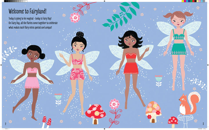Four fairies with diverse skin tones and hair colors stand on a grassy field adorned with flowers, mushrooms, and a friendly squirrel. Above them, the words "Welcome to Fairyland!" appear on a blue background decorated with stars and blooms. This enchanting illustration captures the whimsical world of My Sticker Dress-Up: Fairies from Sourcebooks—a magical sticker activity book filled with reusable stickers for endless dress-up fun!.