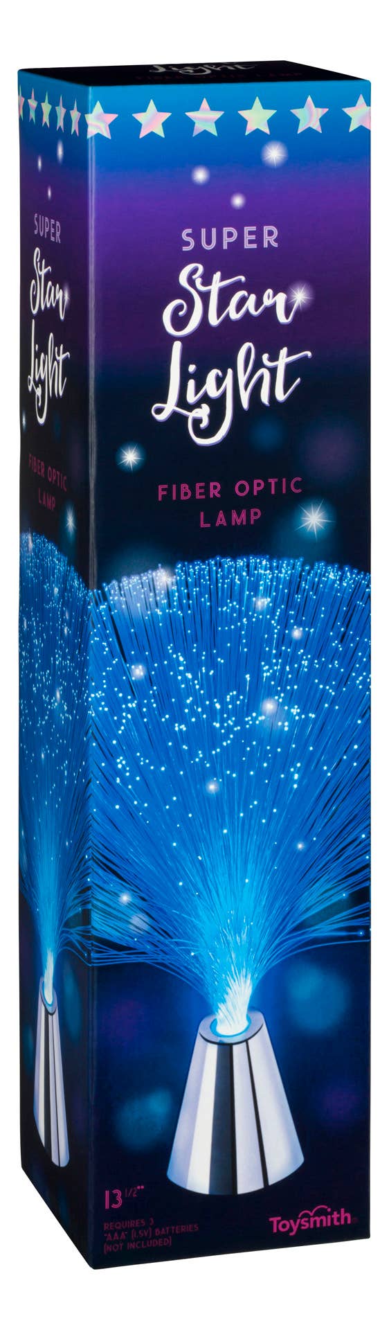 A rectangular box labeled Toysmith 13.5" Fiber Optic Light, Physics, Science Kit features glowing blue fiber optic strands. The sky-themed packaging is blue and purple with stars at the top and the Toysmith logo at the bottom.
