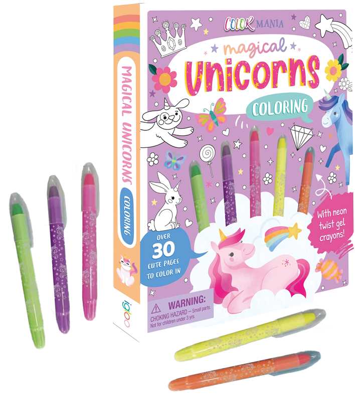 Magical Unicorns Coloring by IglooBooks, from Simon &amp; Schuster, is a delightful unicorn coloring book featuring charming unicorn and animal illustrations on the cover. This set includes five neon twist-up crayons in vibrant colors, making it perfect for creative kids ages 3 and up.