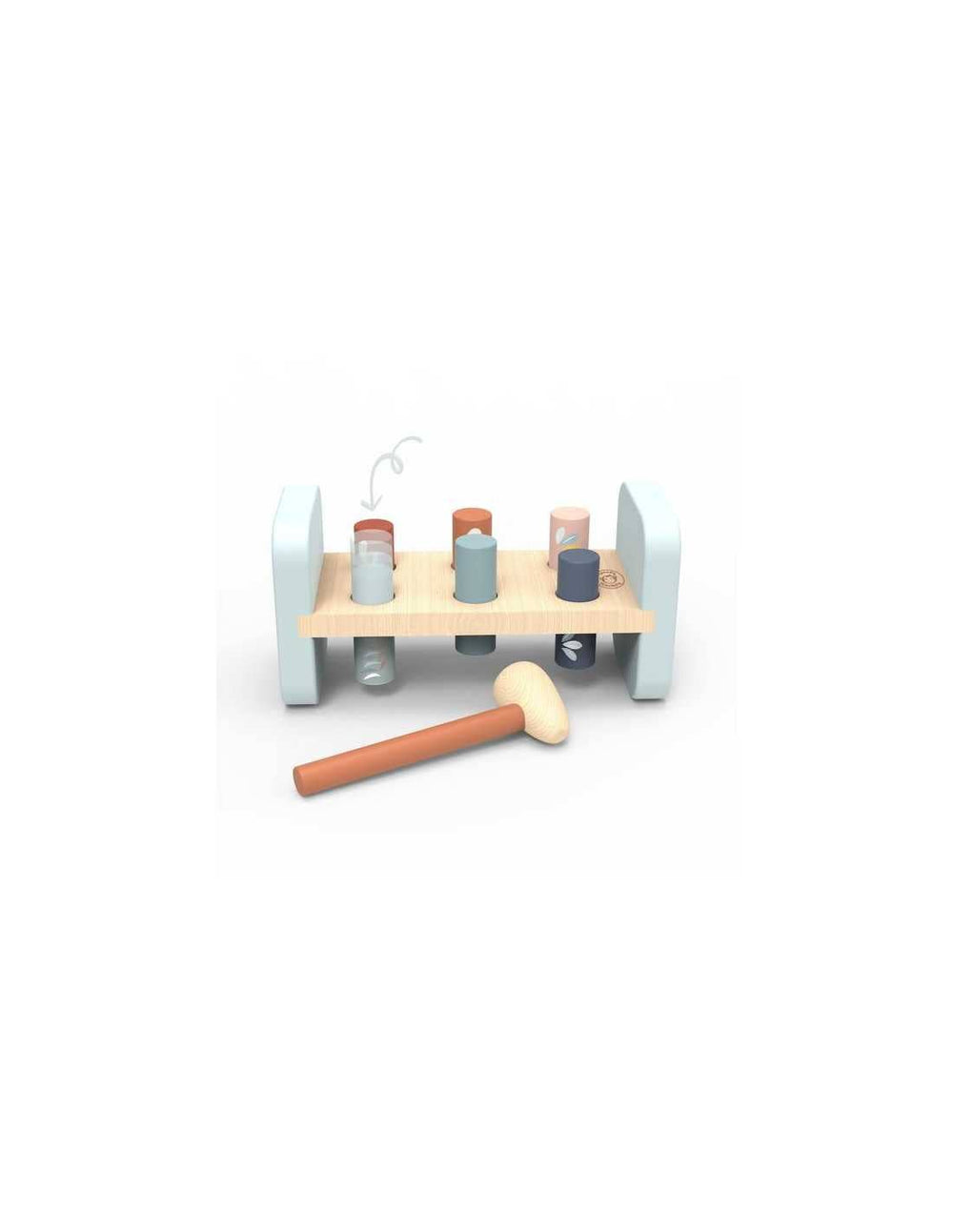 The Speedy Monkey Hammer Bench is a child-safe toy made from FSC Certified wood, featuring colorful pegs—some partly hammered through the holes—and includes a wooden mallet resting in front.