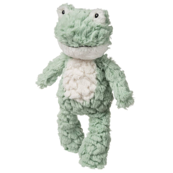 The Mary Meyer Nursery Mint Frog is a plush, light green toy with a white belly and mouth, big round eyes, and floppy limbs. Part of the Putty Nursery collection, it features classic designs and luxurious textured fabric.