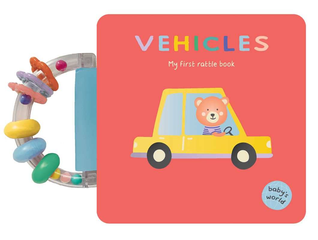 Vehicles: My First Rattle Book by Simon & Schuster is a charming baby board book featuring a playful cartoon bear driving a yellow car on the cover, complete with colorful beads in a clear rattle handle attached to the book. Perfect as a first word book for little ones, it introduces favorite vehicles in an engaging and interactive way.