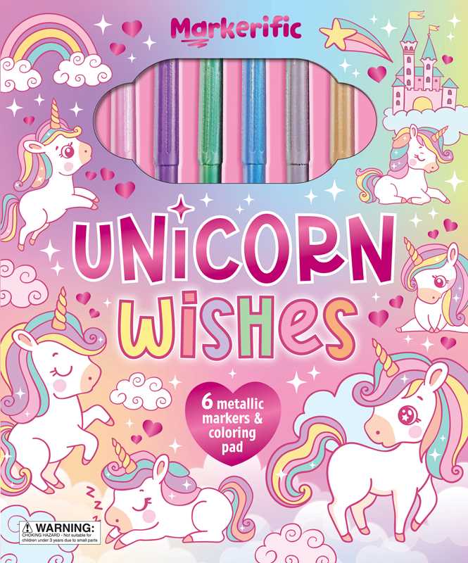 The Markerific: Unicorn Wishes coloring pad by Simon &amp; Schuster for kids comes with six metallic markers and features enchanting unicorns, rainbows, clouds, and a castle on a pink pastel background. This magical unicorn coloring folder also includes a warning label in the lower left corner.