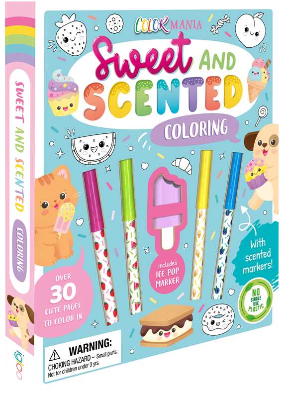 Experience the Colormania Sweet and Scented Coloring by IglooBooks from Simon &amp; Schuster, a charming coloring book filled with cute dessert illustrations ready to be colored. This playful set includes four scented markers plus an ice pop marker, adding a burst of fragrance to every page. The eye-catching cover features vibrant images of sweet treats and clearly displays a warning for small parts.