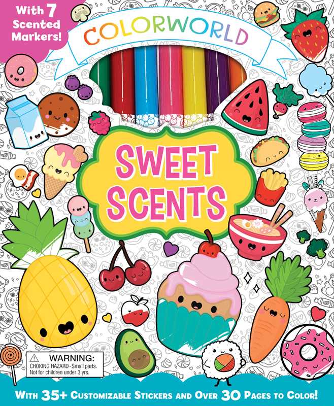 The Simon &amp; Schuster ColorWorld: Sweet Scents by Editors of Silver Dolphin Books coloring book features a playful cover with cartoon fruits, cupcakes, and ice cream, plus 7 colorful scented markers. This charming coloring kit also comes with customizable stickers and vibrant coloring pages for endless creative fun.