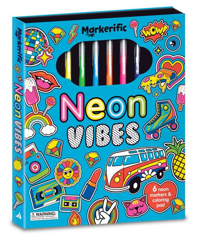 The Markerific: Neon Vibes set by Simon &amp; Schuster features vibrant packaging adorned with neon-themed doodles, playful bold text, and fun images such as a rainbow, heart, roller skate, peace sign, and retro van. With six bright neon markers visible inside, it’s the ideal companion to your favorite kids activity folder or coloring pad for hours of creative fun.