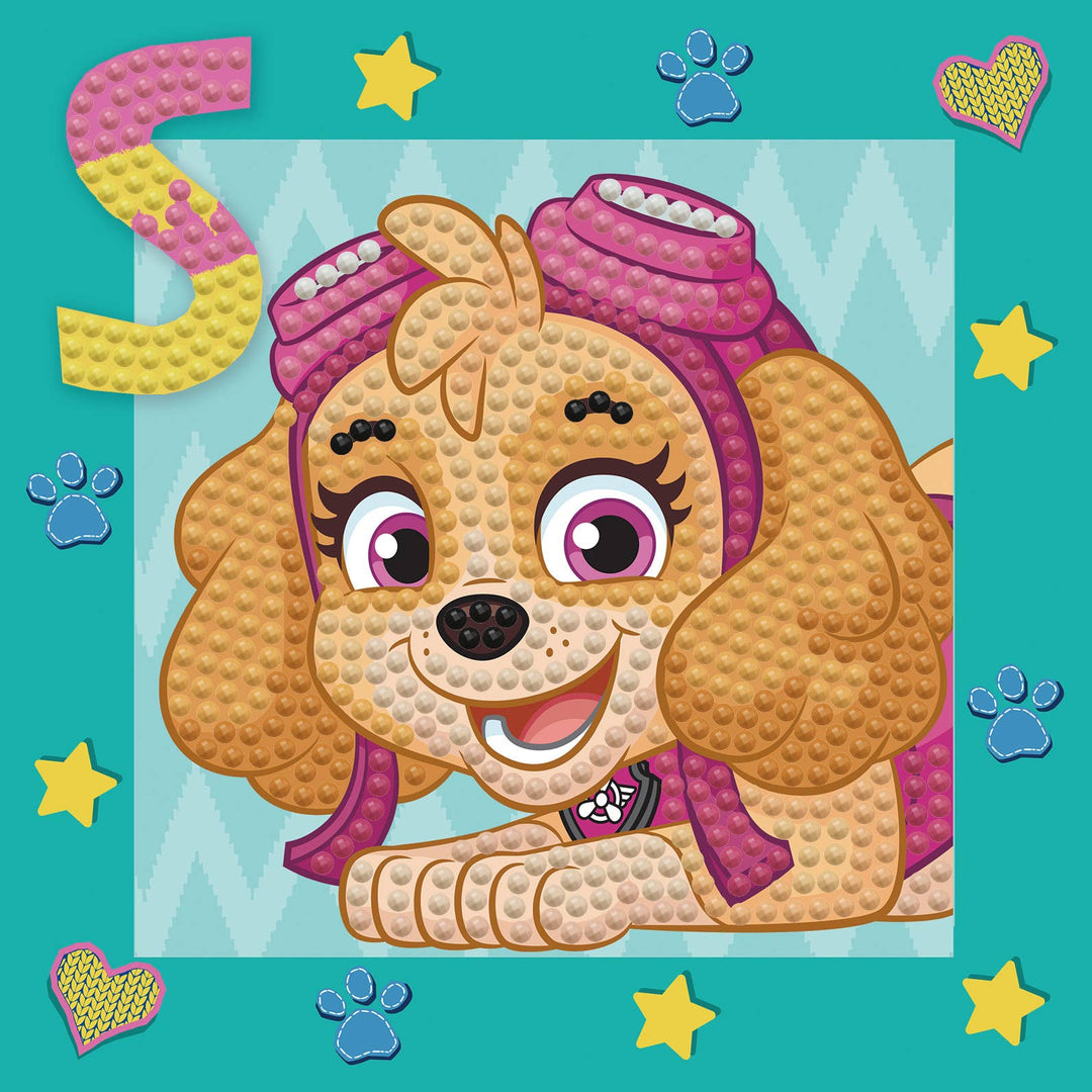 A playful cartoon dog with brown fur, big eyes, and a pink aviator cap—just like Toysmith’s Diamond Dotz PAW Patrol Skye—smiles on a teal background with dotz-style yellow stars, blue paw prints, and a bold letter S in the top left corner.