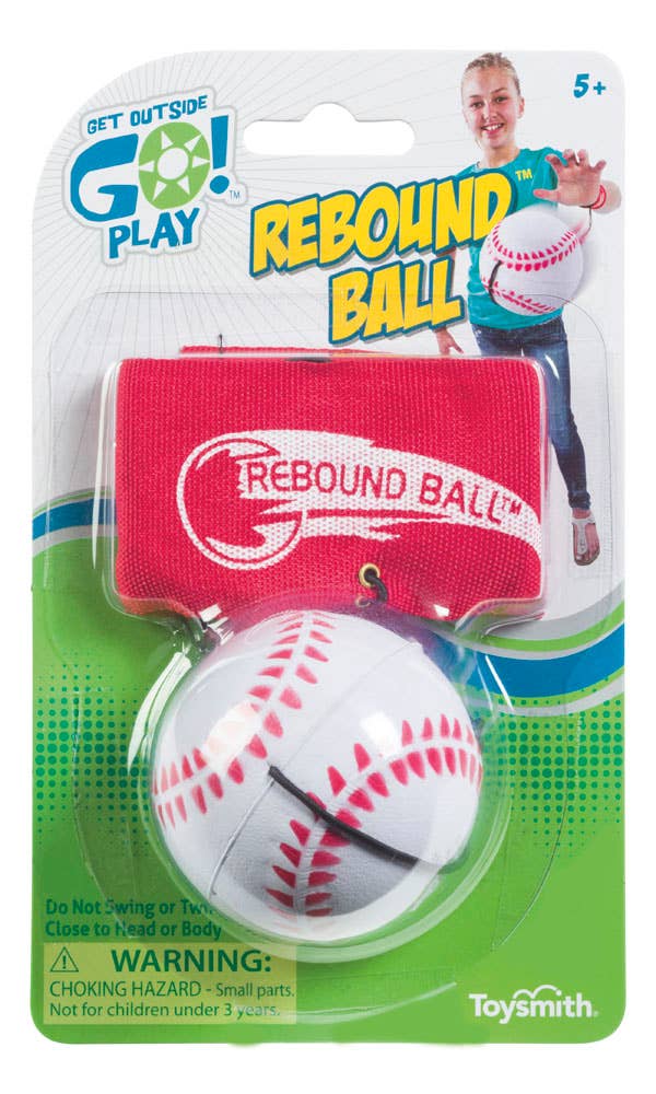 A packaged Toysmith Get Outside GO!™ Rebound Ball for ages 5+, featuring a soft baseball on a stretchable cord wristband with "Rebound Ball" text. Choking hazard warning appears at the bottom.