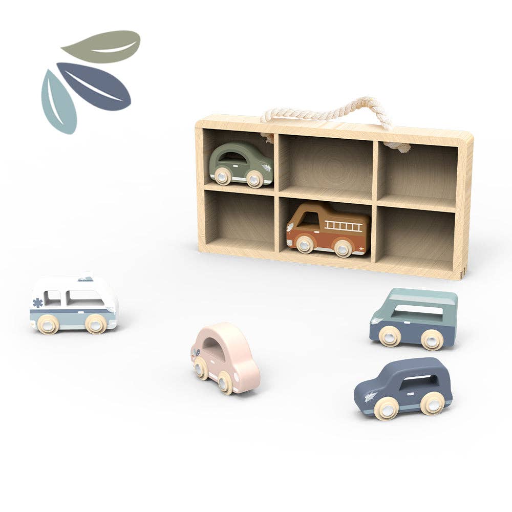 The Speedy Monkey Car Display Case with 6 Vehicles is crafted from FSC certified wood and includes a handy carrying case with six compartments, each designed to hold a wooden toy car. The set features pastel-colored child-safe cars displayed in front of the case, while a small leaf icon in the top left corner emphasizes its eco-friendly charm.