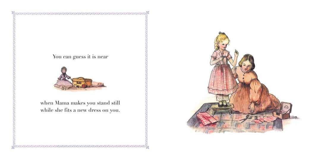 A charming springtime scene inspired by Tasha Tudor’s vintage style shows a woman hemming a girl&