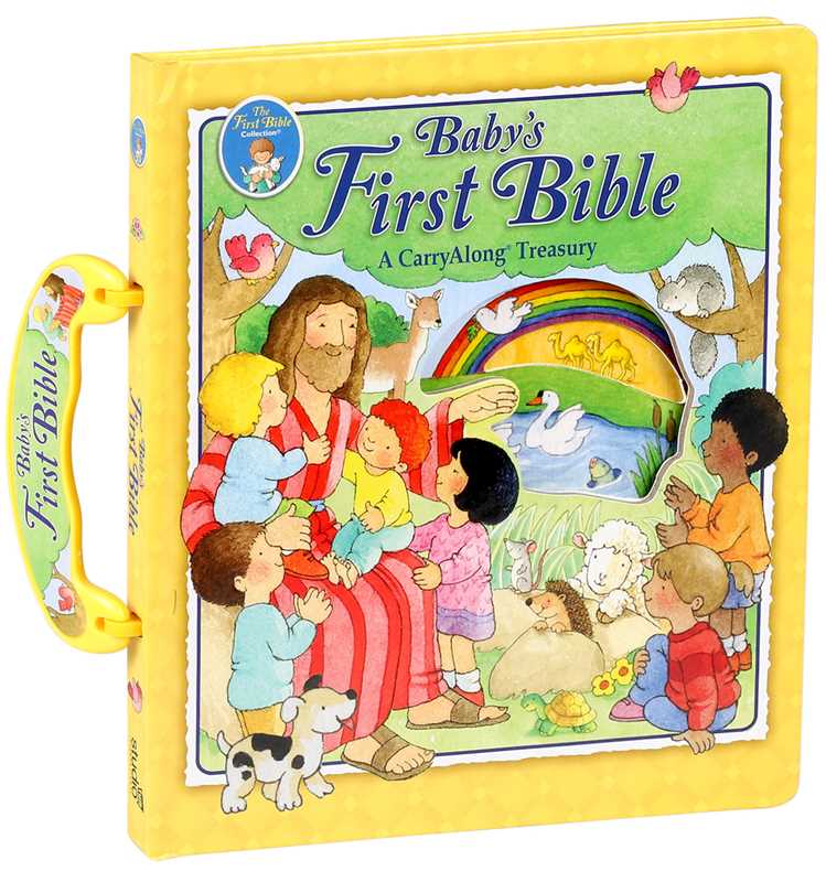 Baby's First Bible CarryAlong by Simon & Schuster is a colorful board book with Jesus, diverse children, animals, and a rainbow on the cover. A yellow handle makes this portable first Bible easy for little ones to carry everywhere.