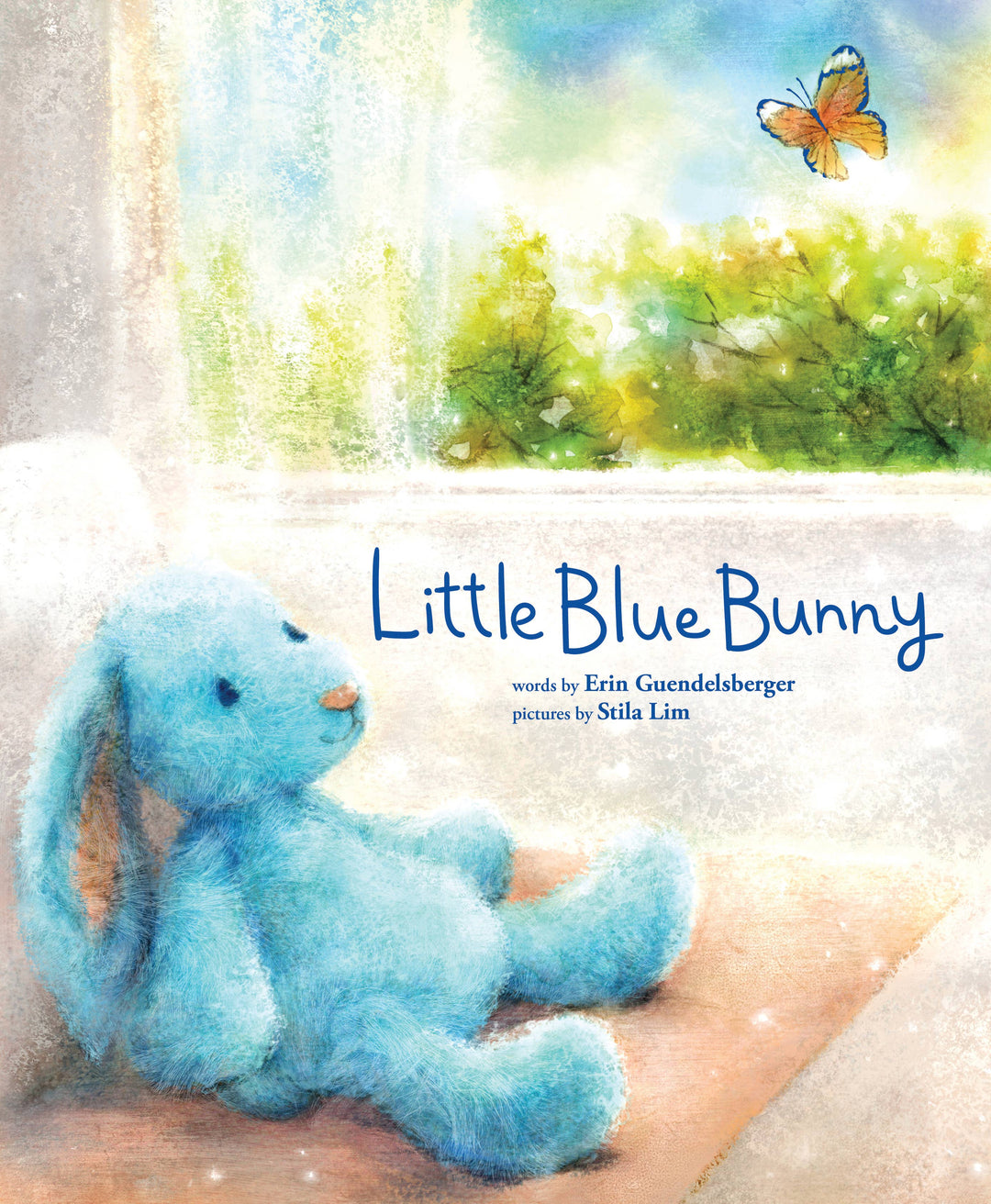 A soft blue stuffed bunny sits by a sunlit window, watching a butterfly in a leafy garden. Above is the title "Little Blue Bunny (HC picture book)" and below are the author and illustrator names. Brand: Sourcebooks.