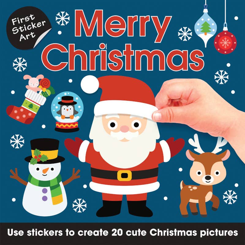 The cover of First Sticker Art: Merry Christmas by Sourcebooks features Santa, a snowman, stockings, and more. A hand peels one of 20 stickers. Ideal for kids who love paint-by-sticker activities and festive activity books.