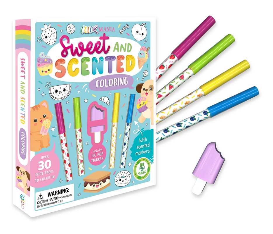 Bring creativity to life with Colormania Sweet and Scented Coloring by IglooBooks, published by Simon &amp; Schuster. This delightful coloring set includes dessert-themed illustrations, five vibrant scented markers, and a popsicle-shaped marker tip remover. The charming cover—a colorful display of adorable animals and tasty treats—makes it the perfect creative activity for young artists.
