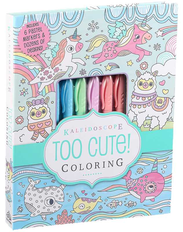 The "Kaleidoscope: Too Cute! Coloring" set by Simon &amp; Schuster is a pastel-themed kit that includes 6 soft-hued markers and a coloring book filled with adorable animals such as llamas, cats, narwhals, and unicorns. The cover is decorated with playful rainbows and stars, making it an ideal gift for creative artists or anyone who enjoys whimsical doodle sets.