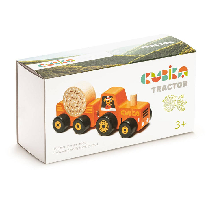 The Toysmith Cubika Wooden Toy Tractor is an orange tractor with a log trailer, designed for ages 3+. Made from organic wood, it features magnetic fasteners and eco-friendly packaging.