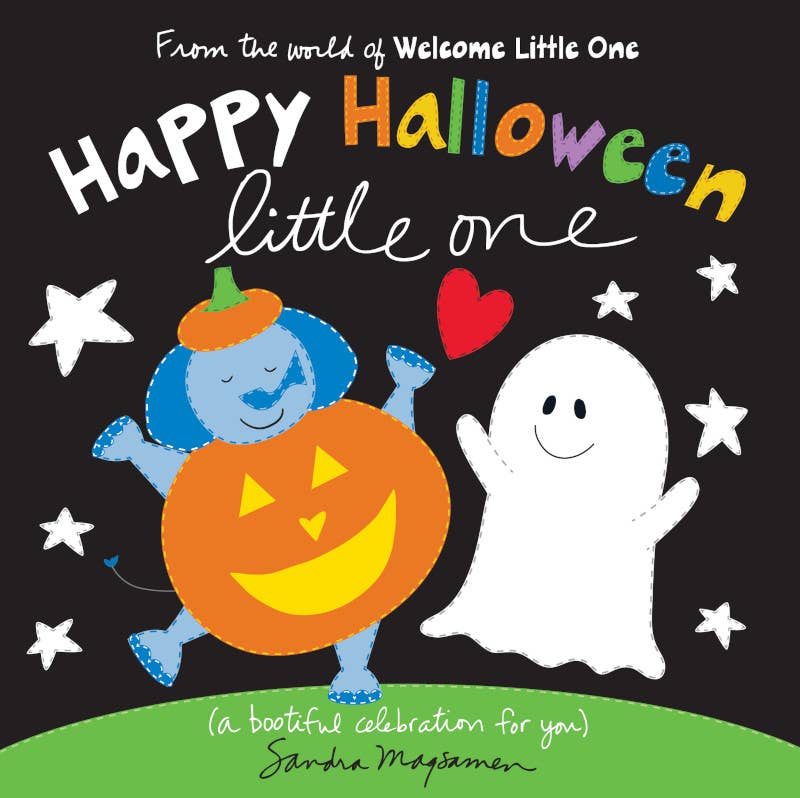 A cheerful blue dog in a pumpkin costume and a friendly ghost smile together, surrounded by stars and a red heart. The colorful text reads "Happy Halloween Little One," making this adorable scene from the Sourcebooks book, Happy Halloween Little One, perfect for babies or as a sweet baby Halloween gift.
