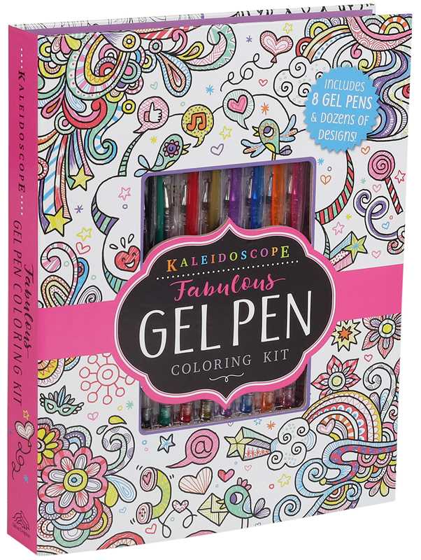 The Kaleidoscope: Fabulous Gel Pen Coloring Kit by Editors of Silver Dolphin Books from Simon & Schuster features a vibrant box with playful doodle designs, a pink band, and a clear window displaying 8 colorful gel pens. This fun art kit includes dozens of creative coloring designs to inspire artistic expression.